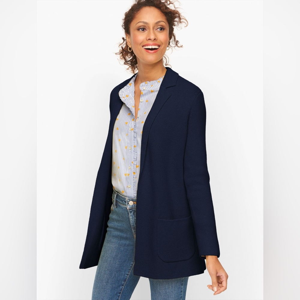 Talbots Knit Sweater Blazer Solid Navy Blue Classic Minimalist Neutral Elevated